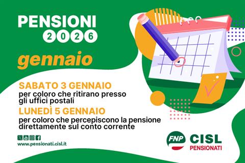 Pensioni gennaio 2026, il calendario dei pagamenti