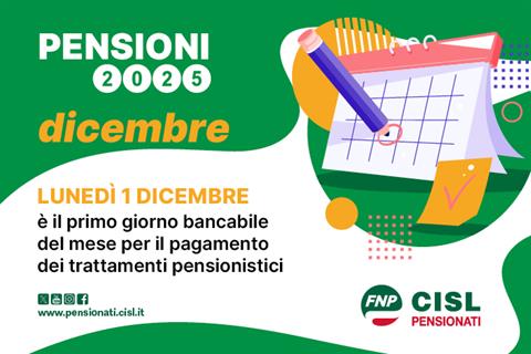Pensioni dicembre 2025, il calendario dei pagamenti