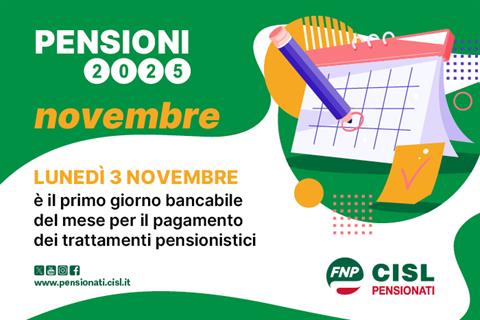Pensioni novembre 2025, il calendario dei pagamenti