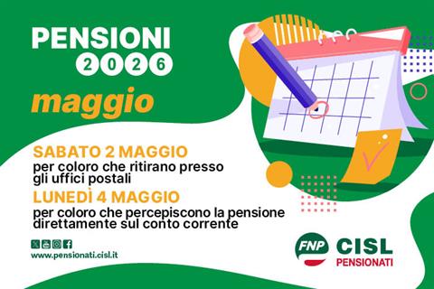 Pensioni maggio 2026, il calendario dei pagamenti