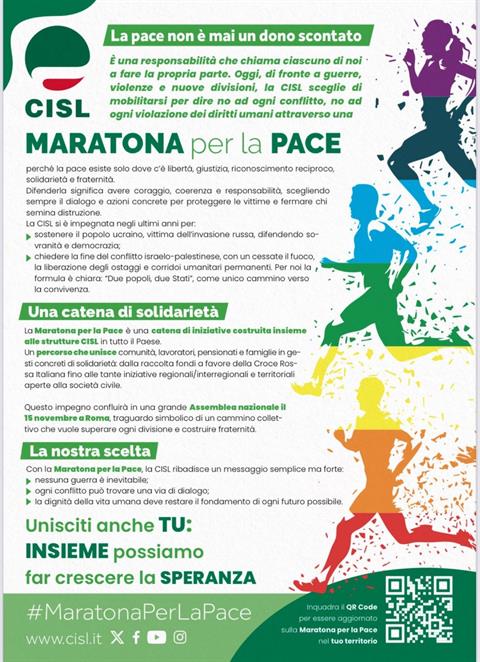Cisl: “Una Maratona per la Pace per rilanciare impegno contro tutte le guerre e violazioni dei diritti umani