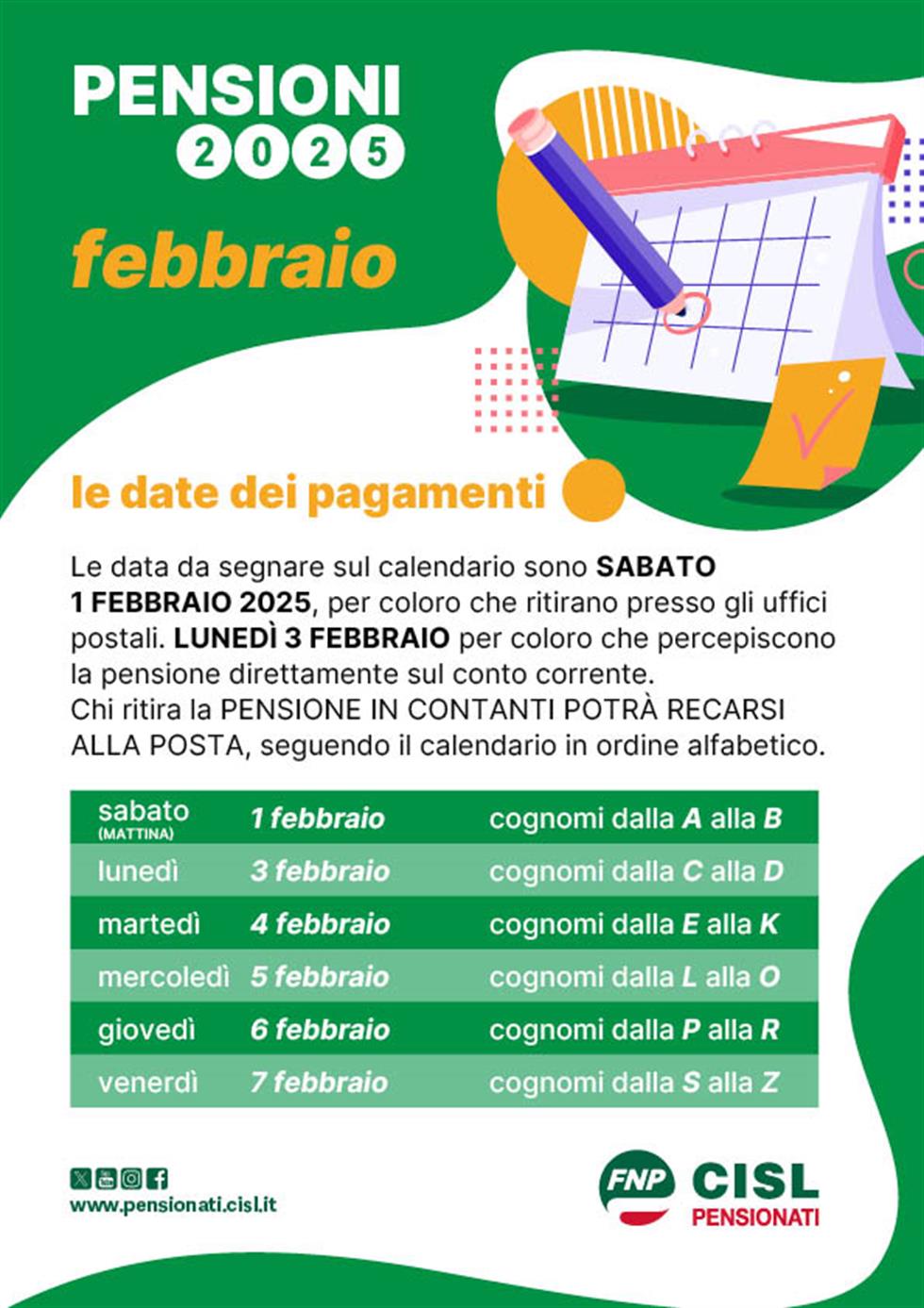 Pensioni febbraio, il calendario dei pagamenti