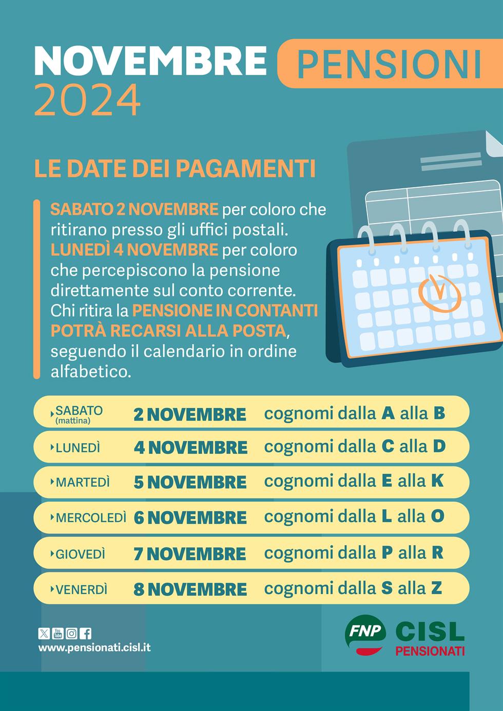 Pensioni novembre 2024, il calendario dei pagamenti