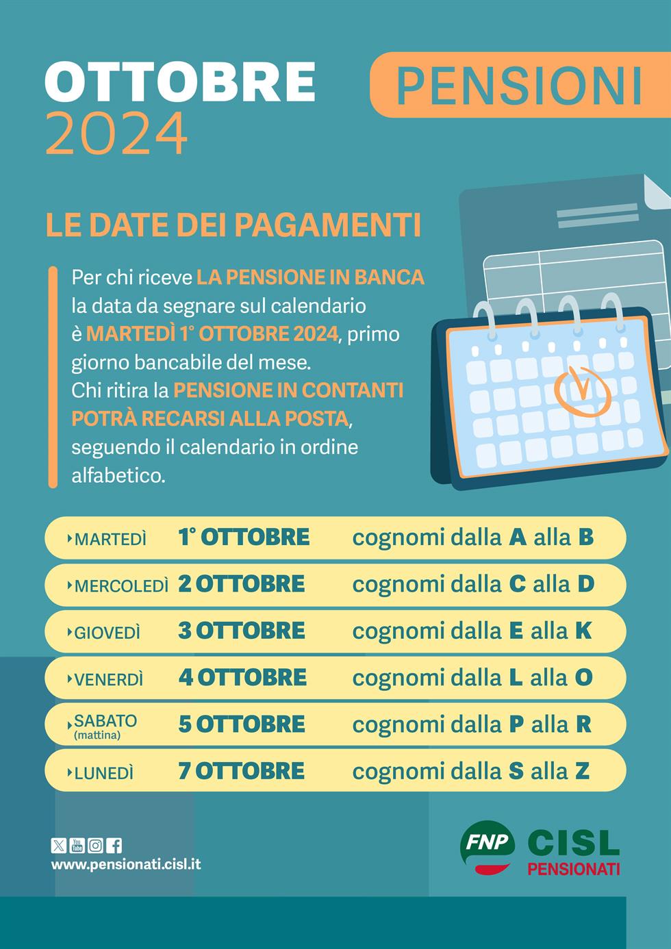 Pensioni ottobre 2024, il calendario dei pagamenti