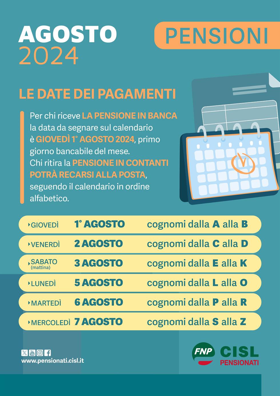 Pensioni agosto 2024, il calendario dei pagamenti