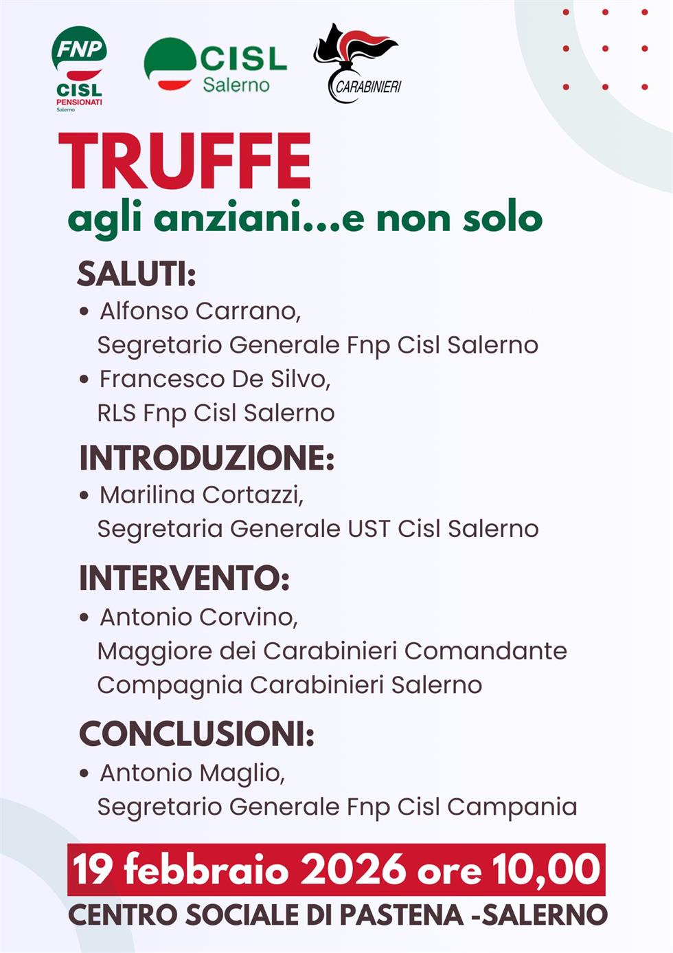 “Truffe agli anziani….e non solo”, il 19 febbraio l’incontro