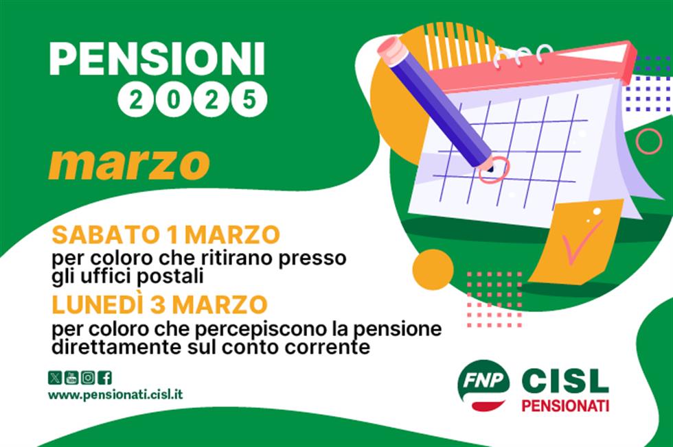 Pensioni marzo 2025, il calendario dei pagamenti