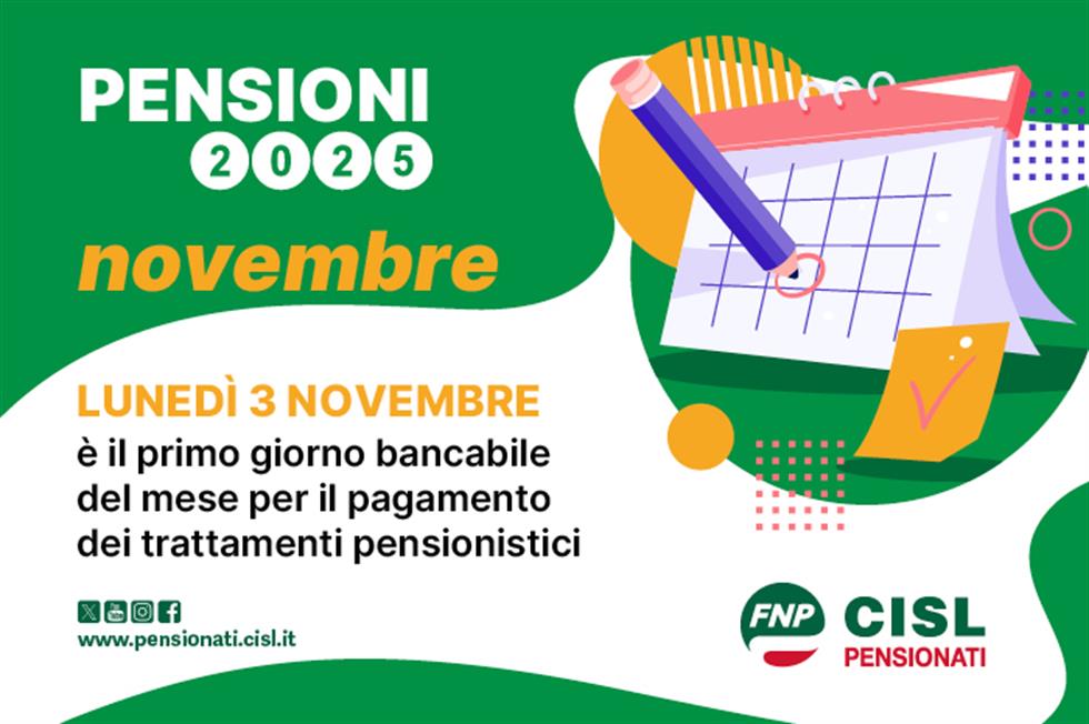 Pensioni novembre 2025, il calendario dei pagamenti