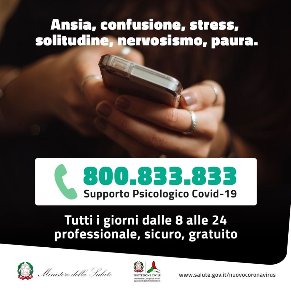 Covid-19, nasce 800.833.833: il numero verde di supporto psicologico