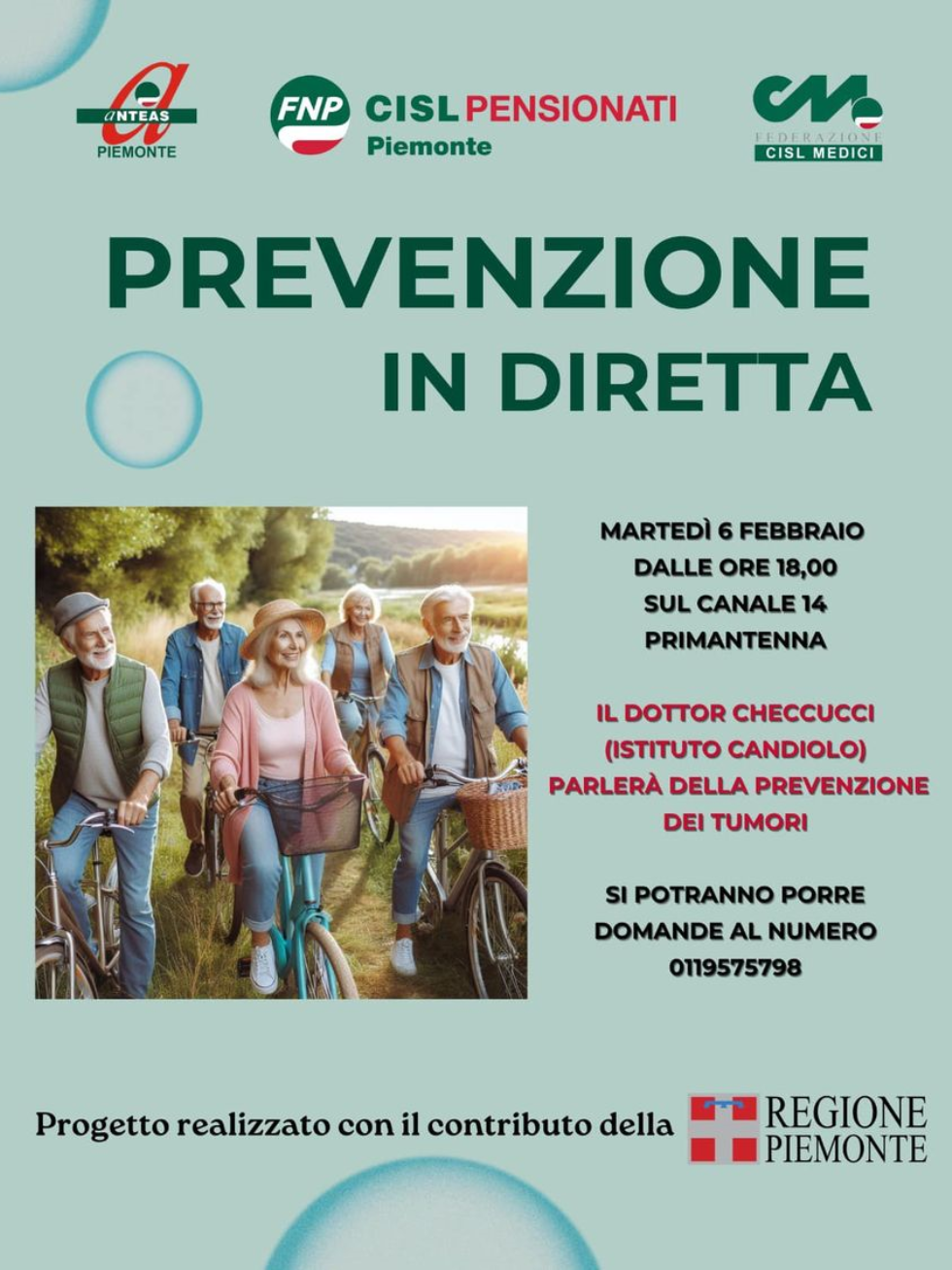 Partito il progetto “La prevenzione in diretta” di Anteas Piemonte con FNP, CISL Medici e Regione Piemonte