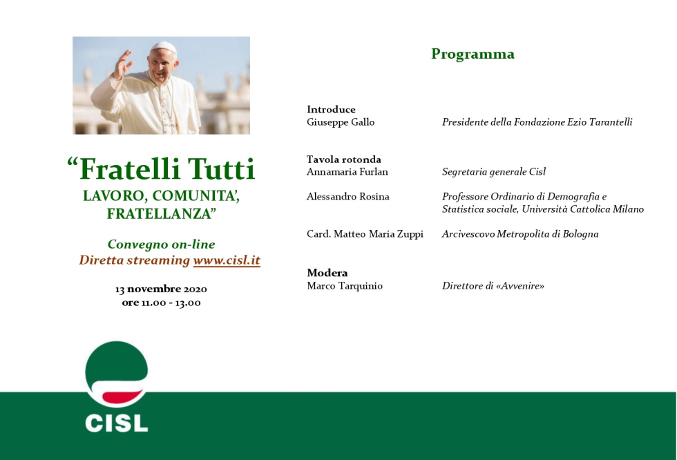 “Fratelli Tutti. Lavoro, Comunità, Fratellanza”, convegno in videoconferenza il 13 novembre