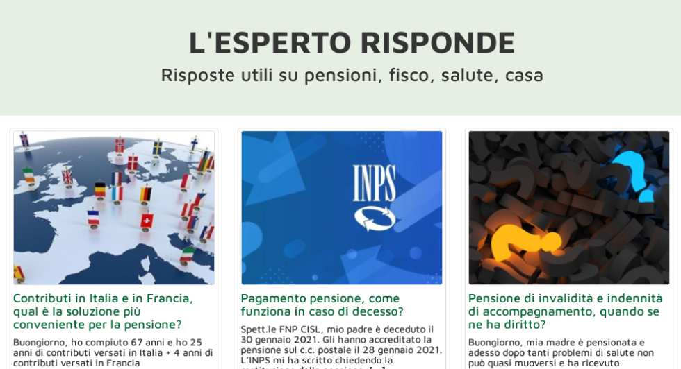 L'ESPERTO RISPONDE alle vostre domande: totalizzazione dei contributi, pensione e decesso, invalidità e accompagnamento